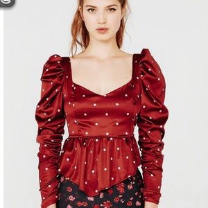 For Love & Lemons Small Labelle Peplum Polka Dot Blouse Burgundy Whimsigoth Fae